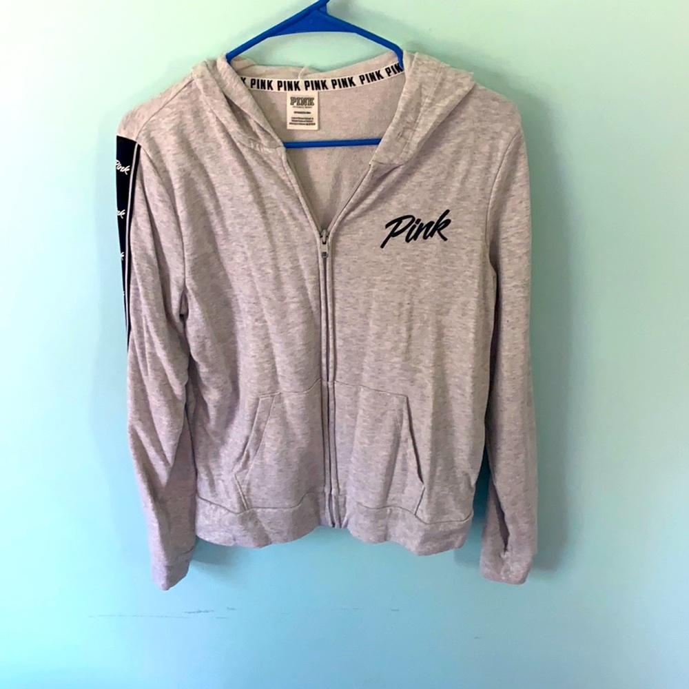 Grey zip up hooded jacket. PINK. Size S.